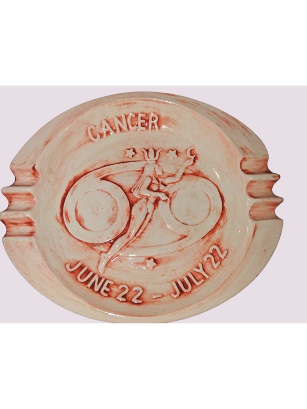 Vintage Cancer Zodiac Ceramic Ashtray June 22 - July 22 Orangeish White Embossed